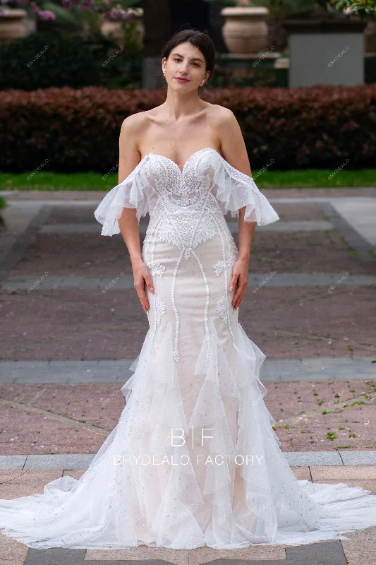 Ethereal Ruffled Off Shoulder Lace Shimmery Tulle Boho Wedding Dress