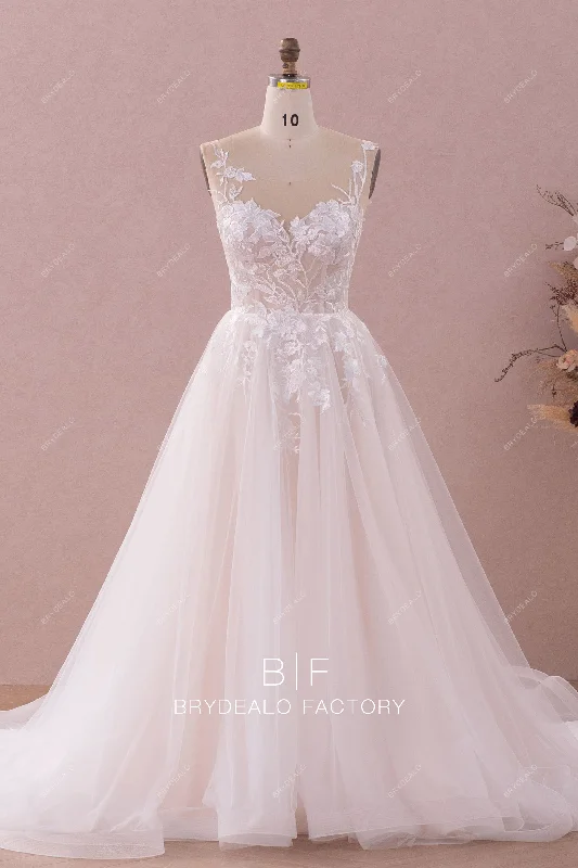 Flower Lace Tulle Keyhole Back Long Wedding Dress