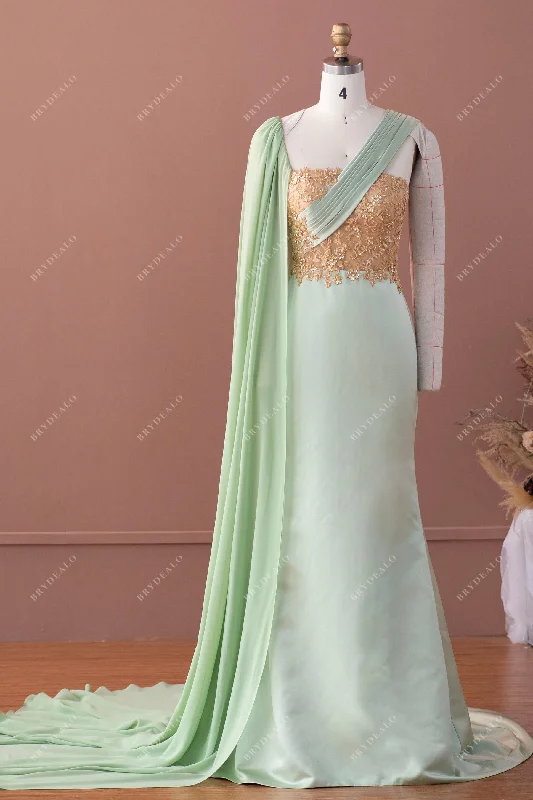 One Shoulder Gold Lace Sage Satin Bowknot Formal Dress with Cape