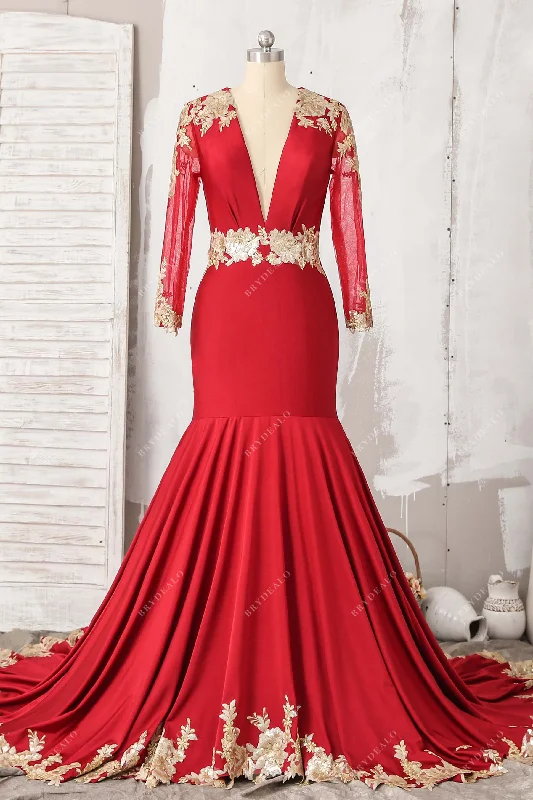 Gorgeous Gold Lace Red Jersey Mermaid Prom Dress