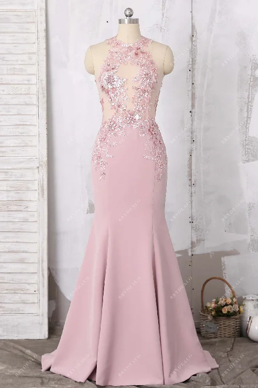 Illusion Beaded Lace Dusty Rose Prom Dress