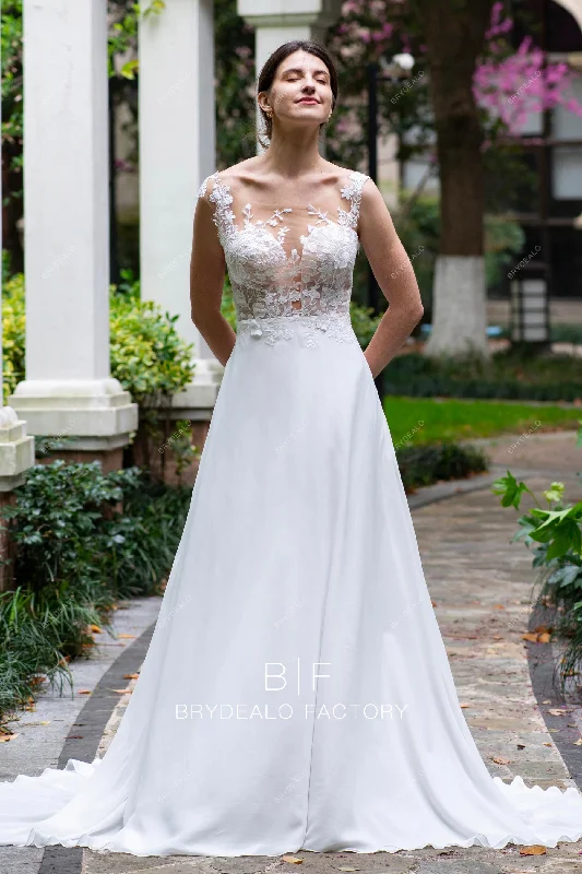 Illusion Botanic Lace Flowing Chiffon A-line Beach Wedding Dress