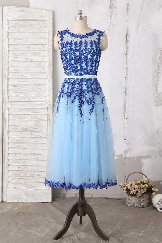 Illusion Neck Lace Tea Length Cocktail Prom Dress