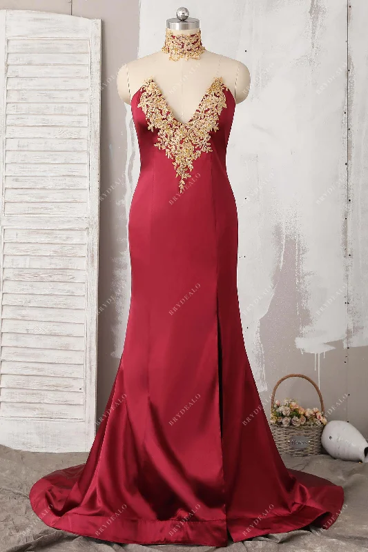 Lace Dark Red Choker Neck Strapless Prom Dress