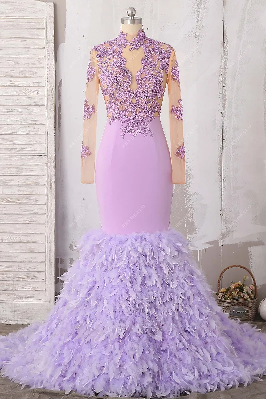 Lavender Feather Beaded Illusion Lace Mermaid Prom Dress