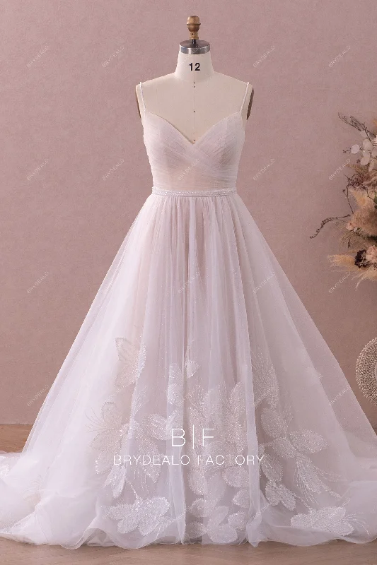 Luxury Beaded Lace Pleated Long Ruffled A-line Wedding dress