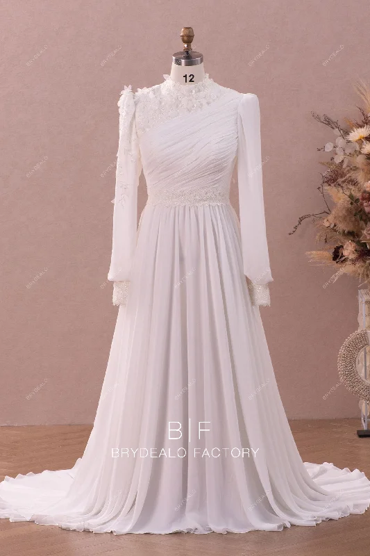 Modest Muslim Flower Lace Chiffon Wedding Dress