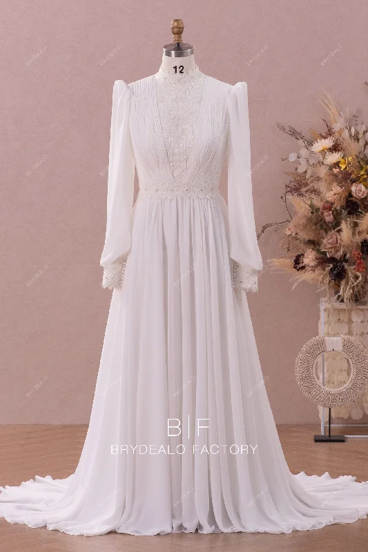 Muslim High Neck Beaded Lace Chiffon Sleeved Wedding Dress