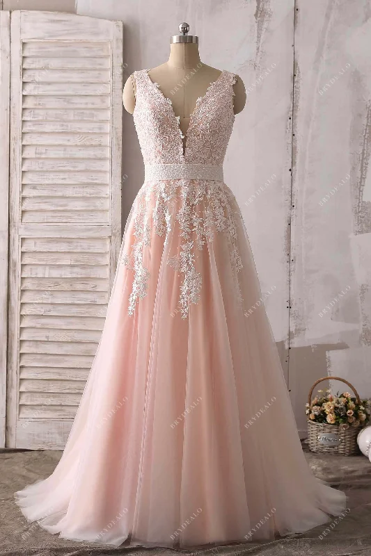 Pearls Lace Baby Pink Tulle Plunging Prom Dress