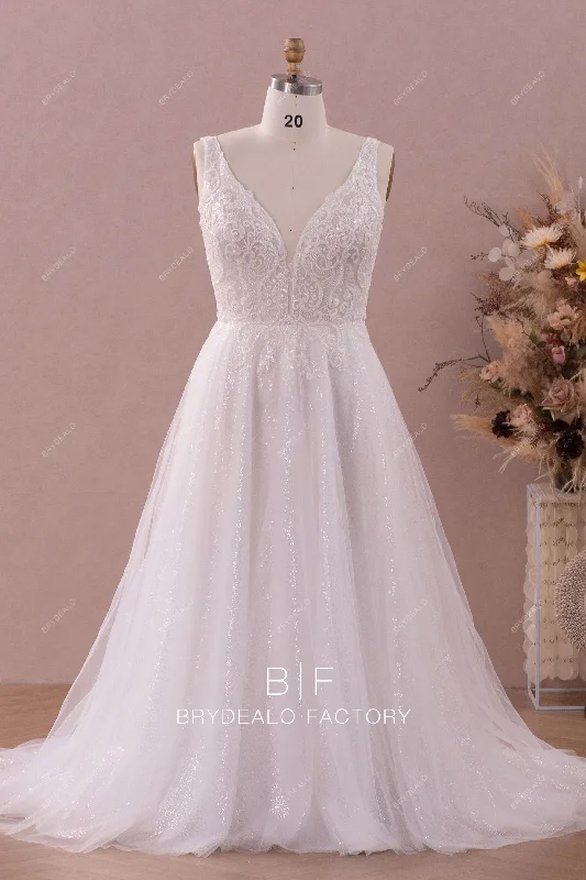 Plus Size Beaded Lace Plunging Sequined Wedding Dress