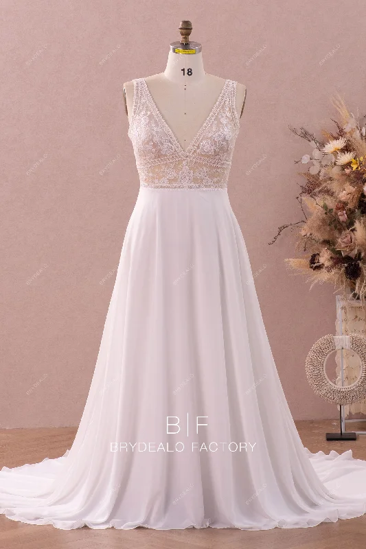 Plus Size Boho Flower Lace Flowy Chiffon Wedding Dress