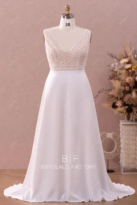 Plus Size Straps Plunging Lace Crepe A-line Wedding Dress