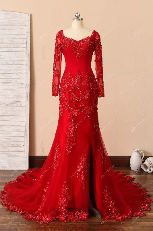 Red Beaded Lace Long Sleeve Mermaid Prom Dress