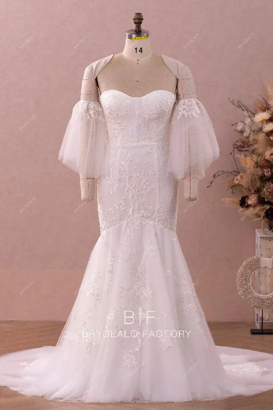 Removable Flutter Sleeves Lace Trumpet Wedding Gown