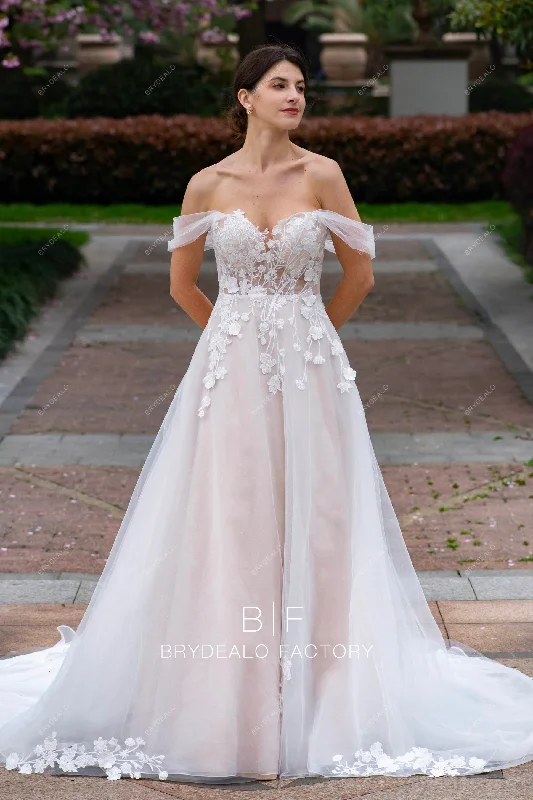 Romantic Off Shoulder Flower Lace A-line Wedding Dress