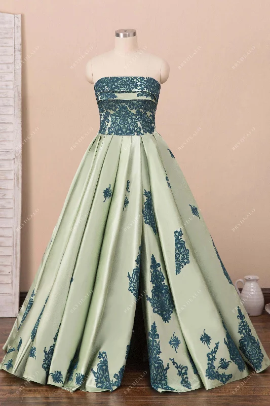 Sage Satin Peacock Lace Strapless Slit Prom Dress