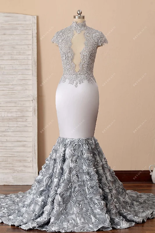 Silver Beaded Lace 3D Rose Cut Out Prom Dress