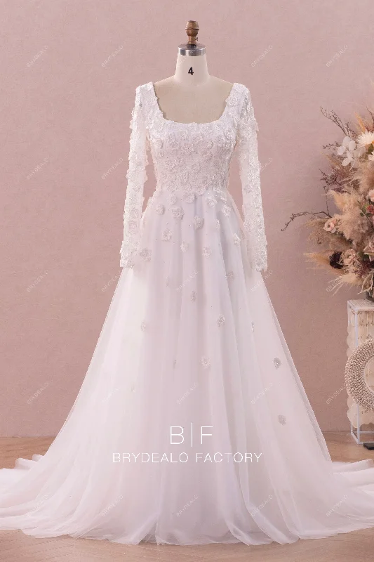 Square Neckline 3D Flower Lace A-line Wedding Dress