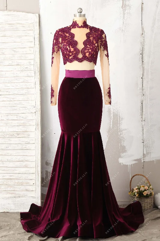 Two Piece Beaded Lace Plum Velvet Long Prom Dress