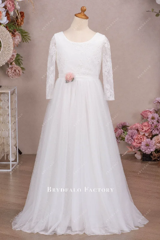 Ultra Soft Lace Tulle Sleeved Floor Length Flower Girl Dress