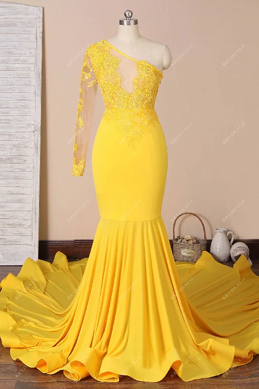 Yellow One Shoulder Lace Long Mermaid Prom Dress