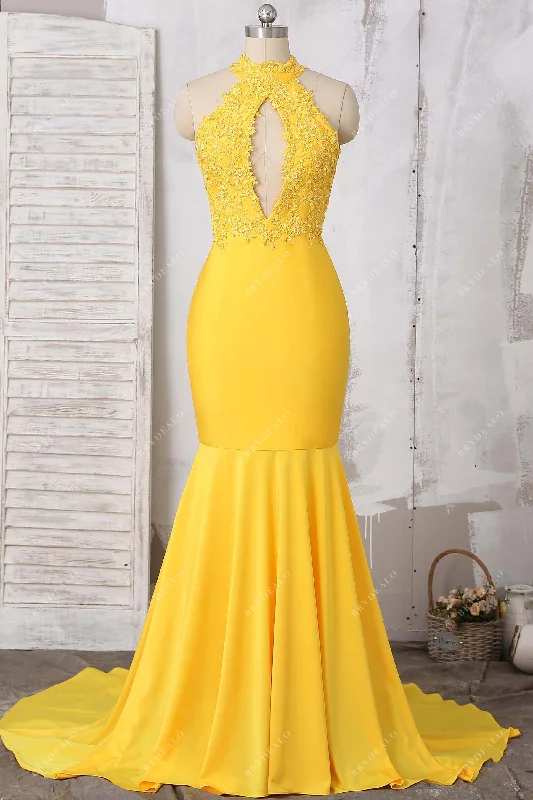 Yellow Sequin Lace Jersey Keyhole Prom Gown