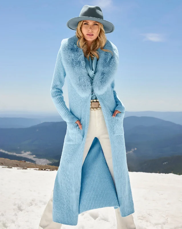 Faux Fur Collar Ribbed Long Cardigan Airy Blue