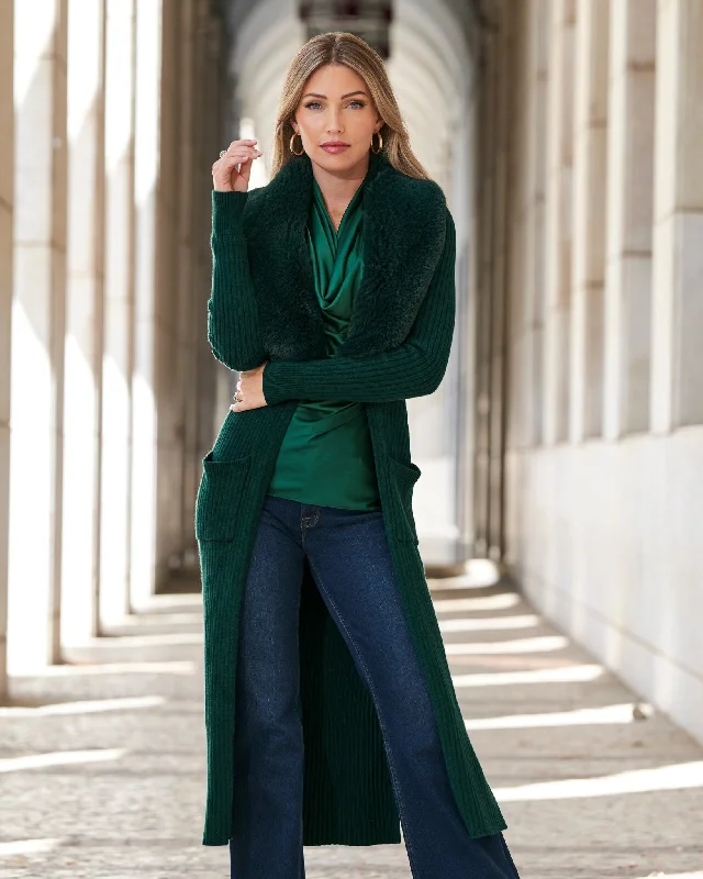 Faux Fur Collar Ribbed Long Cardigan Deep Emerald