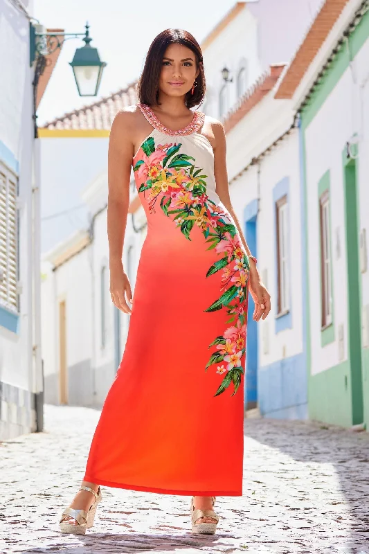 Getaway Floral Embellished Knit Maxi Coral/Green