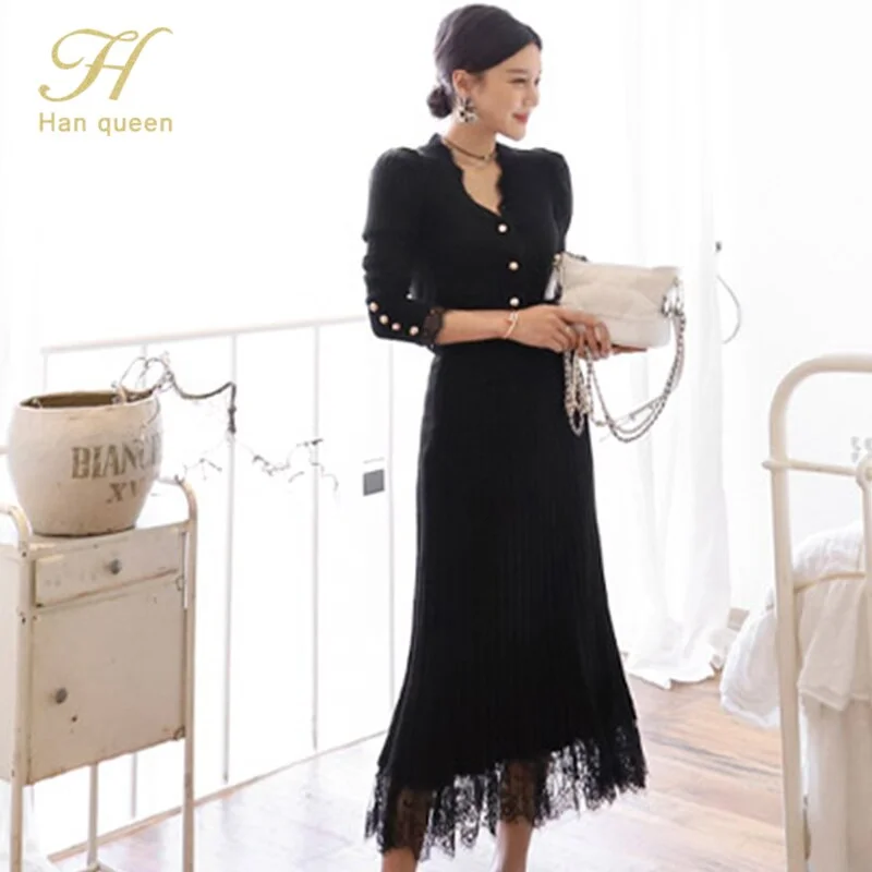 H Han Queen Women Winter OL Work 2 Pieces Suit Knitted top & Stitching Lace Long Skirt Simple Slim Casual Occupation Sweater Set