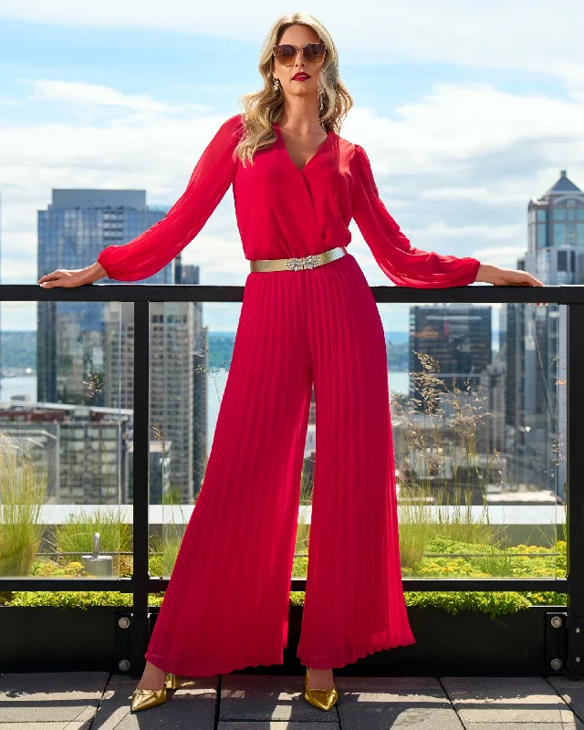 Long Sleeve Pleated Wide Leg Jumpsuit Tomato Red