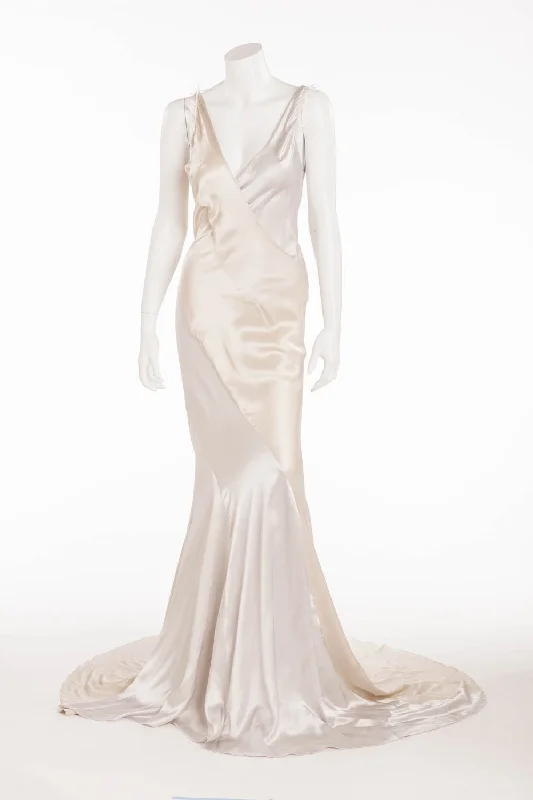 Nina Ricci - Silver and Beige Long Gown with Feathers - FR 38