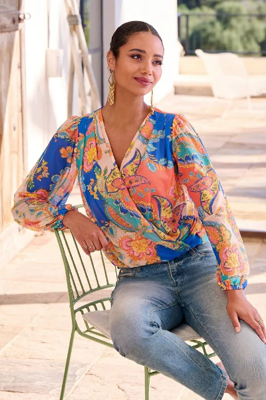 Paisley Mesh Surplice Long-Sleeve Knit Top Multi