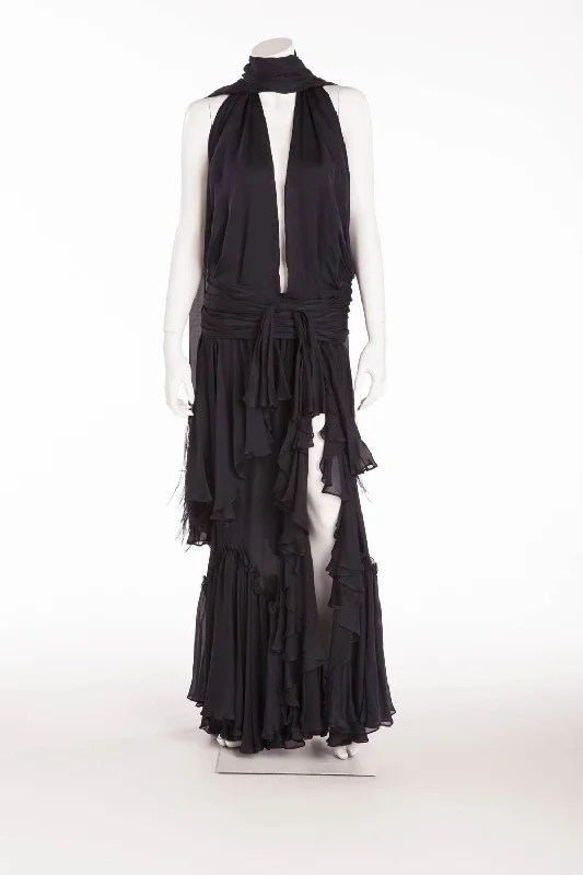 Roberto Cavalli - Midnight Blue Long Gown with Ostrich Fringe Scarf - IT 42