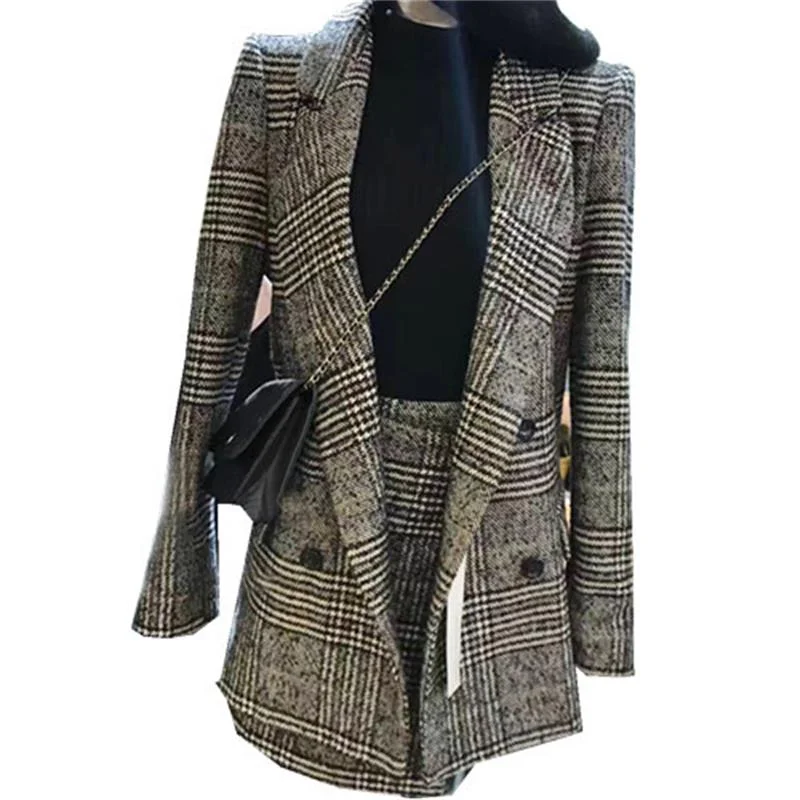 Selling 2022 lattice stripes long suit jacket half skirt suit ladies casual suit + skirt two piece set   (B482)