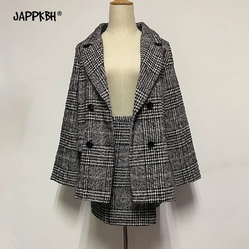 Skirt Suit Women Office Plaid Blazer Suit A Line Skirt Sets 2022 Spring Long Sleeve Wool tailleurs jupes Casual Jacket Female