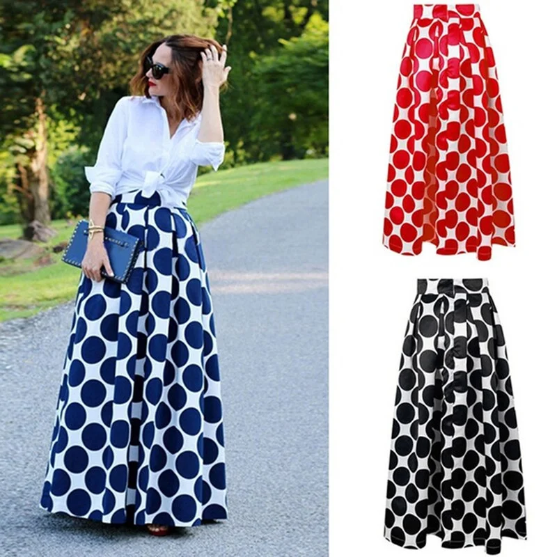 Vintage Zipper High Waist Polka Dots Printed Maxi Skirt Fall Casual Elegant Women Long Skirt Black/Blue/Red Pleated Skirt