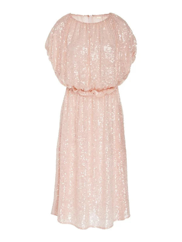 Adam Lippes Womens Pink Sequined Sleeveless Jewel Neck Below The Knee Cocktail Fit + Flare Dress