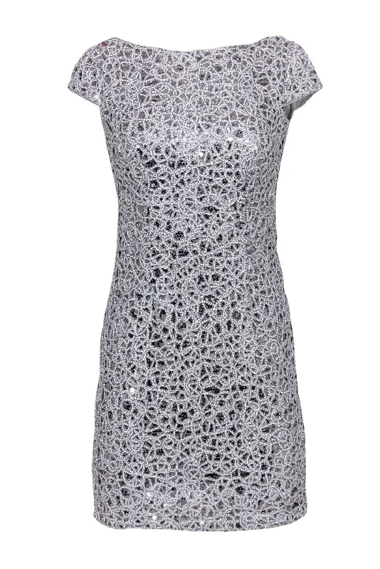 Adrianna Papell - Silver Sequin & Beaded Sheath Dress Sz 2