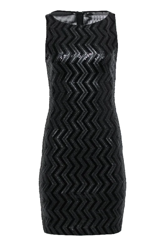 Alice & Olivia - Black Sequin Chevron Sheath Dress w/ Back Mesh Paneling Sz 6