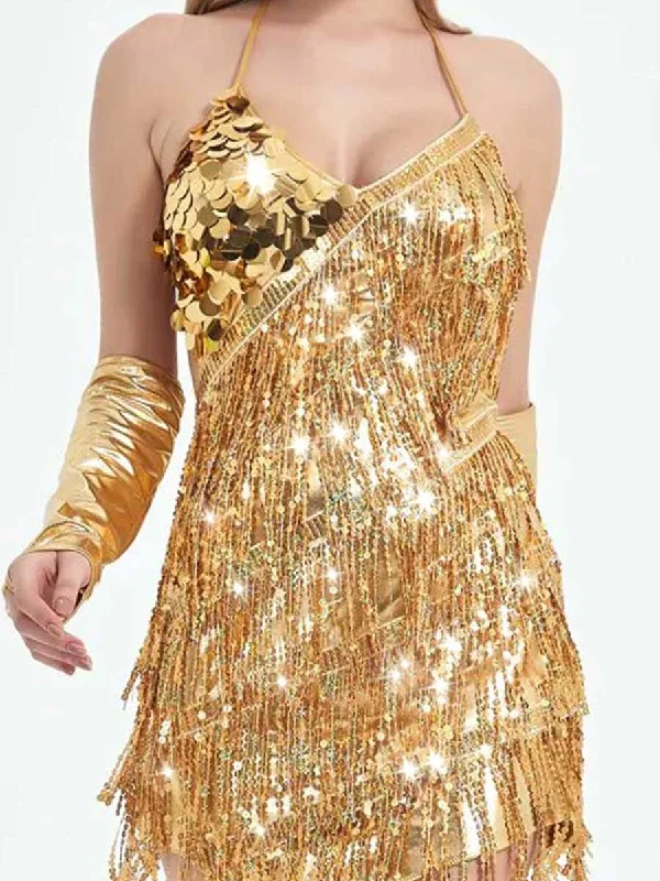 Asymmetric Gold Sequin Fringe Dress with Oversleeves