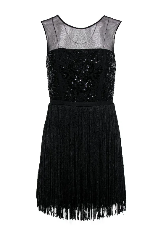 BCBG Max Azria - Black Fringe Sleeveless “Melly” Sheath Dress w/ Sequin Bodice Sz 2