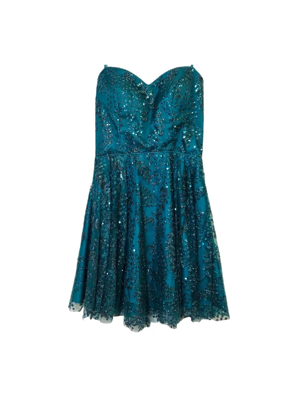 BLONDIE Womens Teal Sequined Glitter Lined Adjustable Zippered Sleeveless Round Neck Short Party Fit + Flare Dress