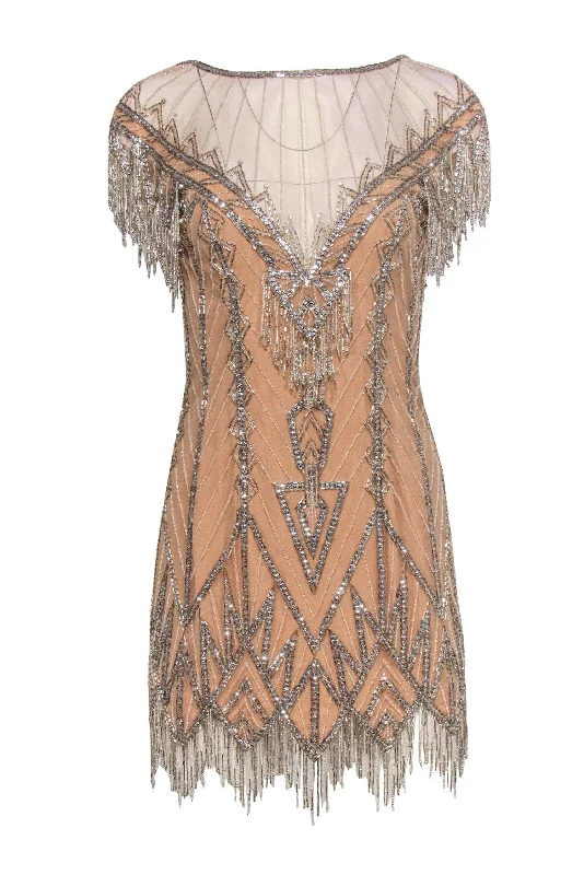 Bob Mackie - Vintage '90s Nude & Silver Beaded & Sequin Fringe Dress Sz 6