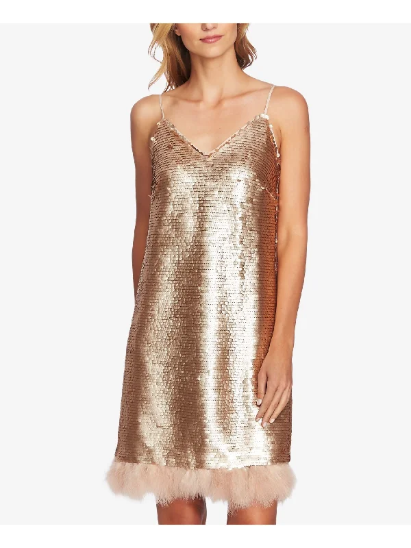 CECE Womens Gold Sequined Feather Trim Spaghetti Strap V Neck Above The Knee Shift Dress