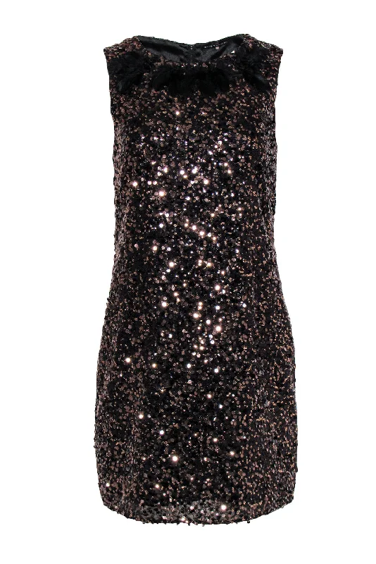 Elie Tahari - Brown Sequin Sleeveless Shift Dress w/ Feather & Beaded Neckline Sz 6