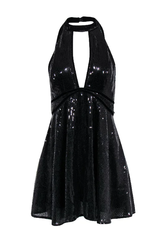 Free People - Black Sequin Sleeveless Fit & Flare Dress w/ Velvet Trim Sz 6