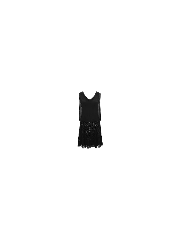 JKARA Womens Black Beaded Sequined Sleeveless V Neck Knee Length Cocktail Fit + Flare Dress