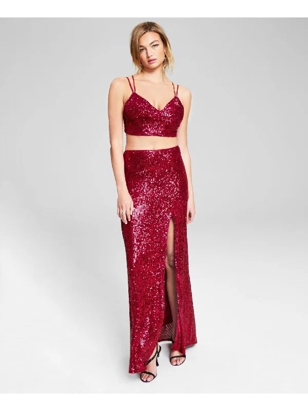 JUMP APPAREL Womens Red Sequined Slitted Lined Sleeveless V Neck Full-Length Prom Gown Dress