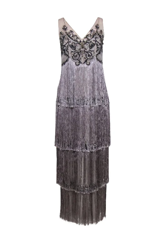 Marchesa Notte - Grey Sleeveless Gown w/ Sequin, Beaded & Fringe Trim Sz 8